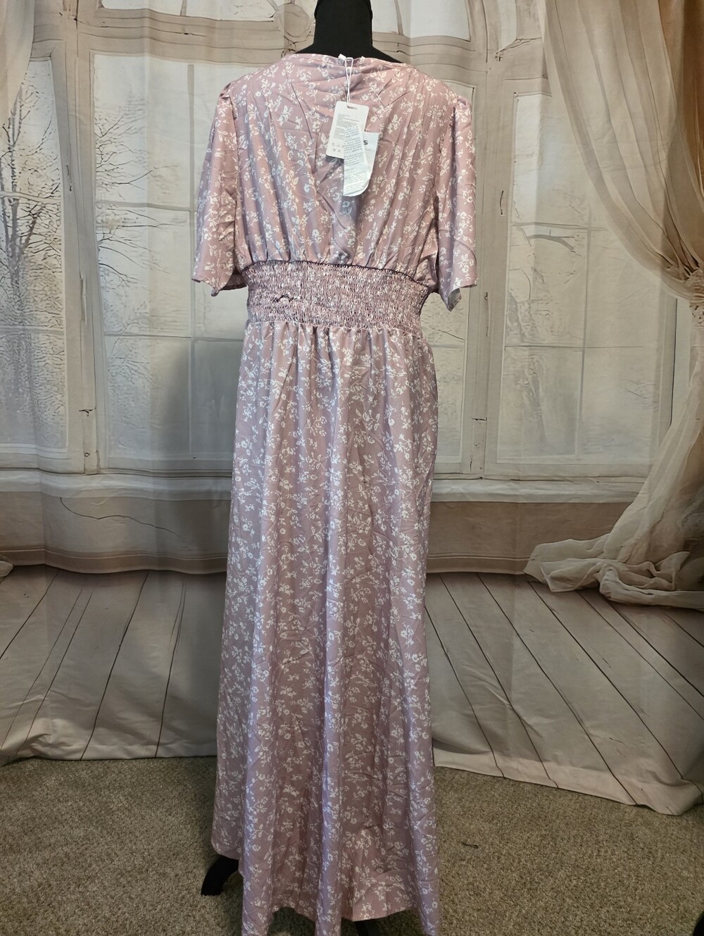Women's Pink Floral Maxi Dress with Smocked Waist - Picture 4 of 6